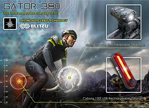 Blitzu Gator 380 USB Rechargeable Bike Light Set POWERFUL Lumens Bicycle Headlight FREE TAIL LIGHT, LED Front and Back Rear Lights Easy To Install for Kids Men Women Road Cycling Safety Flashlight