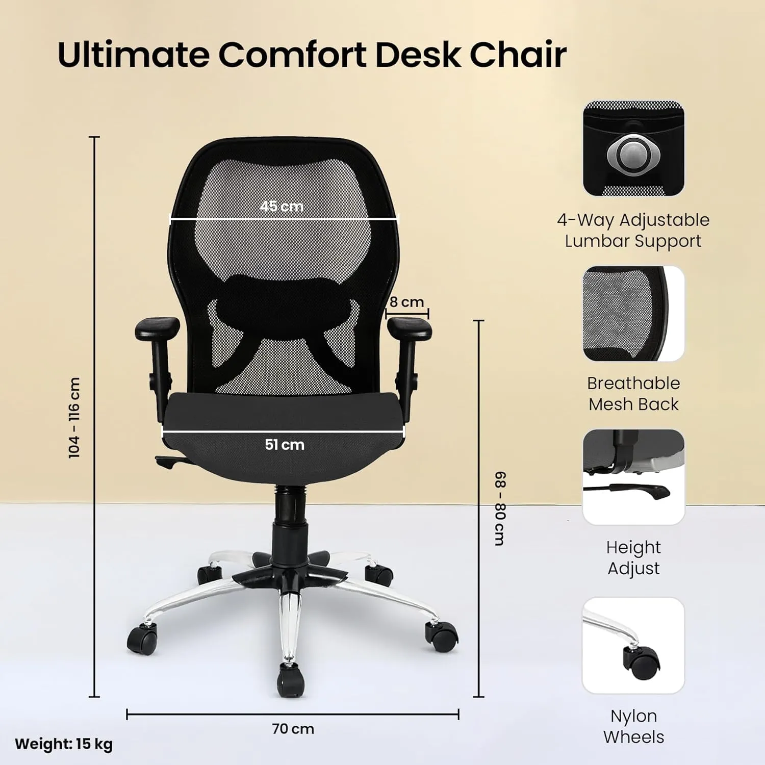 Kuber Industries Ergonomic Office Chairs for Work from Home with Meshback | Comes with Manual Height Adjustable Armrest & 2D Lumbar Support | Comfy Chair for Students with Wheels | Black & Grey Seat