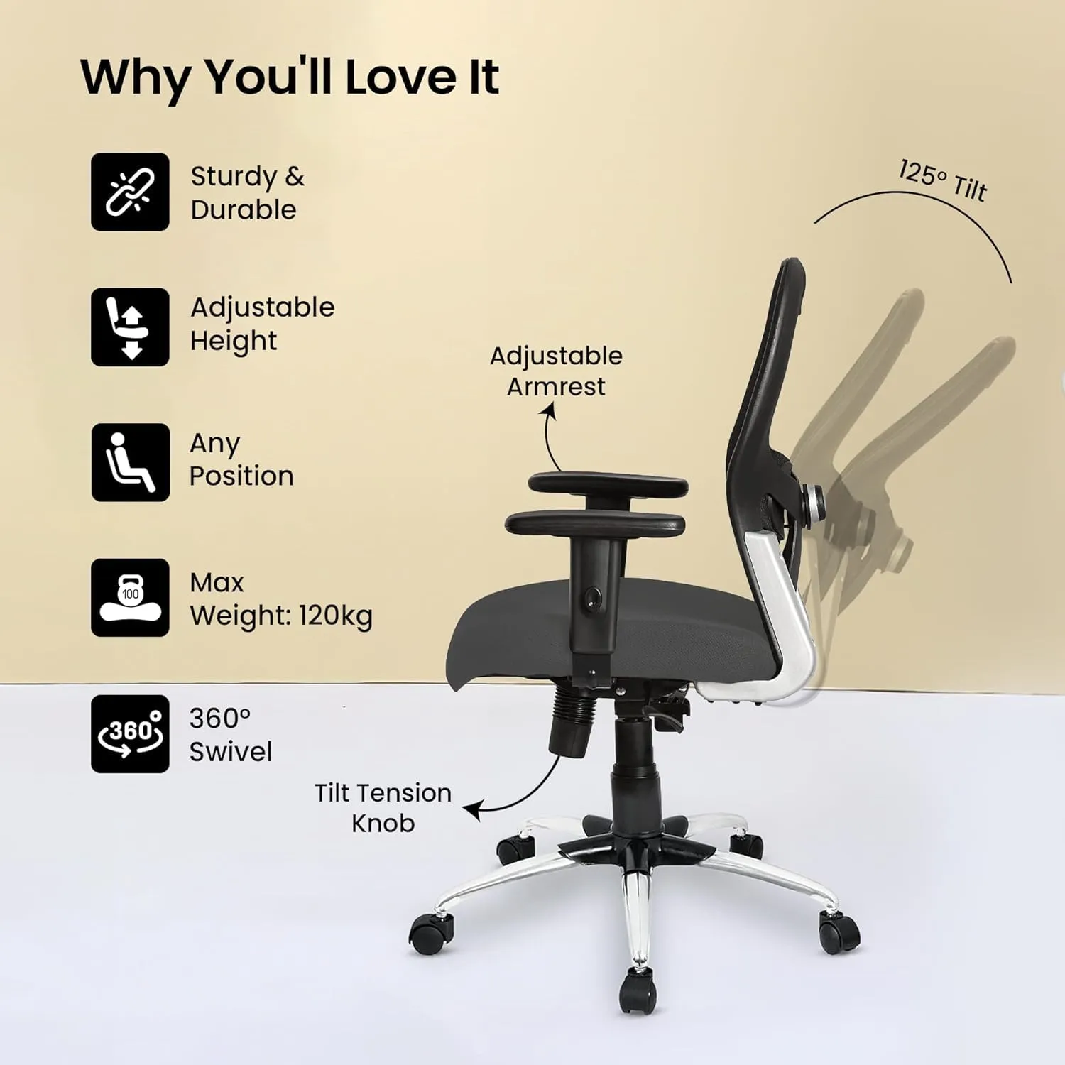 Kuber Industries Ergonomic Office Chairs for Work from Home with Meshback | Comes with Manual Height Adjustable Armrest & 2D Lumbar Support | Comfy Chair for Students with Wheels | Black & Grey Seat