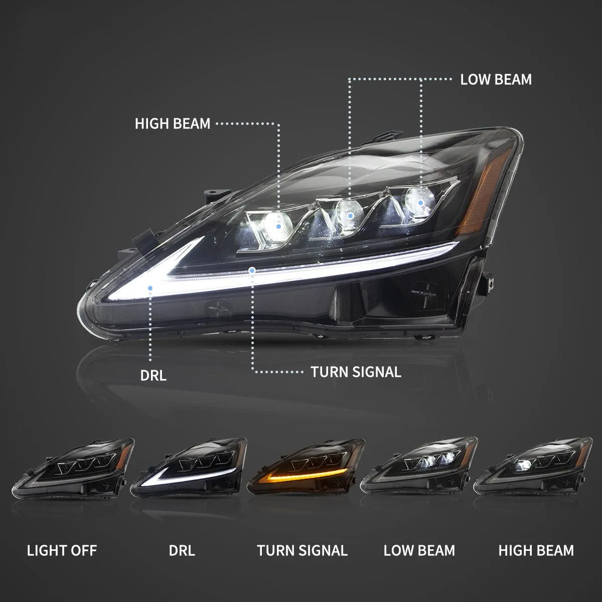 LED Headlight Assembly Matrix Projector Black For 2006-2012 Lexus IS250/IS250C/IS350/IS220d & 2008-2014 ISF(XE20)