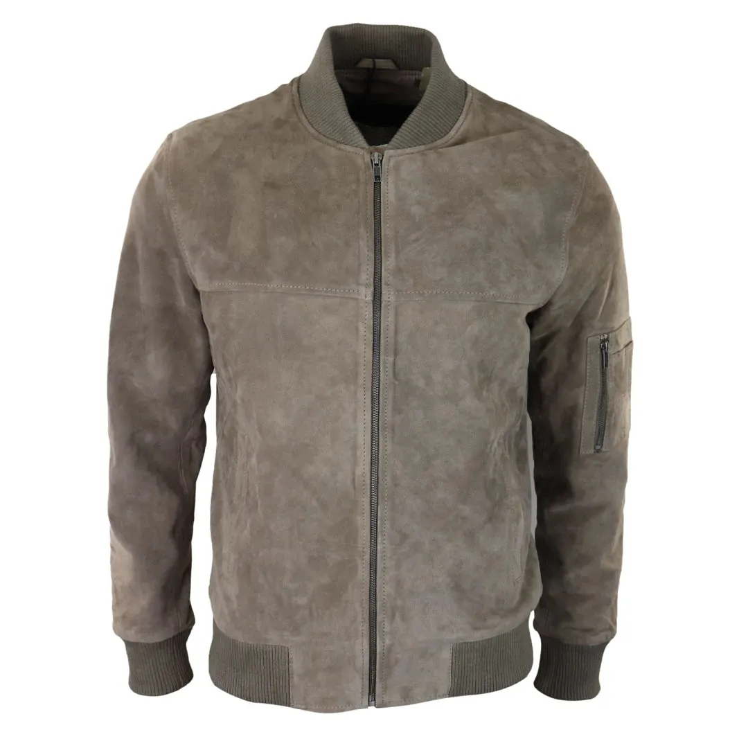 Mens Genuine Suede Bomber Jacket Leather Casual Varsity VIntage Smart Casual