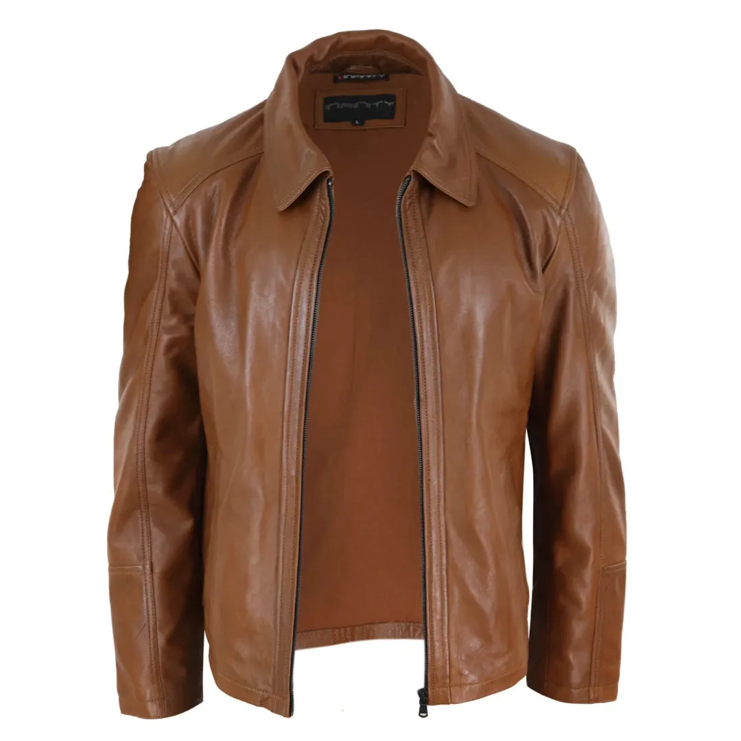 Men's Leather Jacket Black Tan Zipped Classic Soft Napa