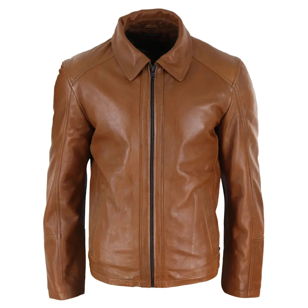 Men's Leather Jacket Black Tan Zipped Classic Soft Napa