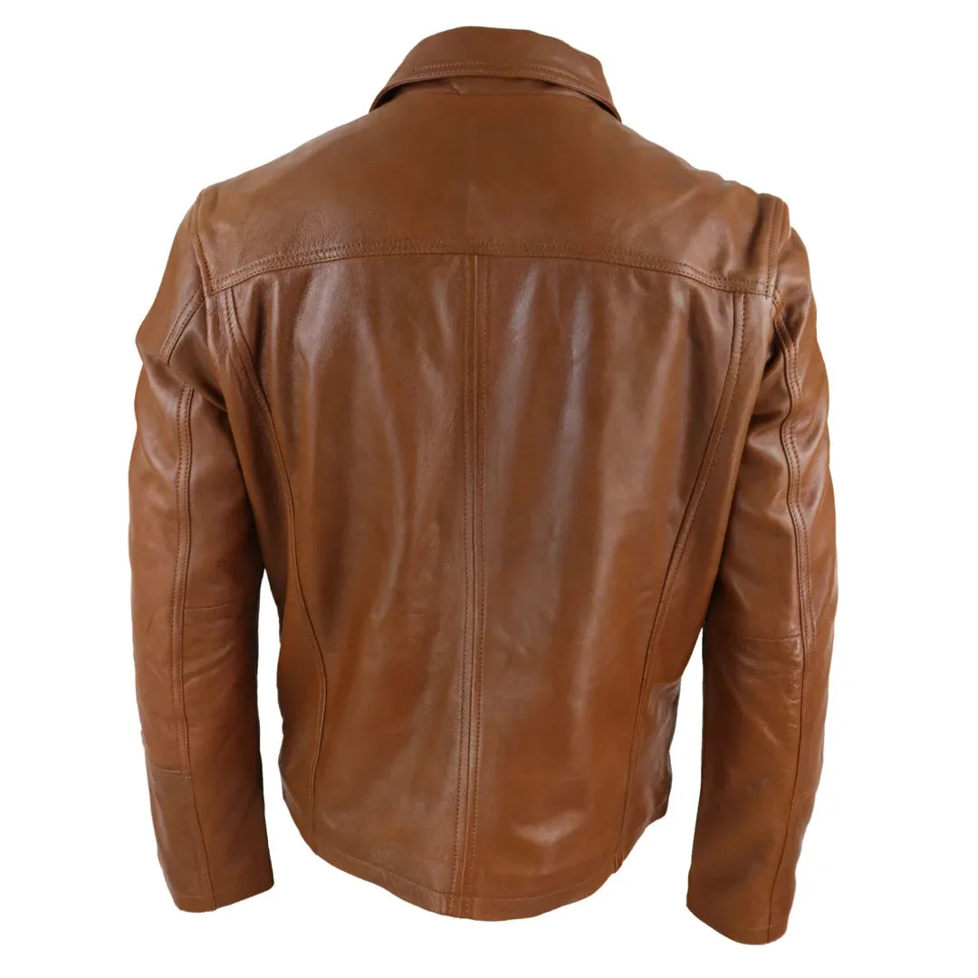 Men's Leather Jacket Black Tan Zipped Classic Soft Napa