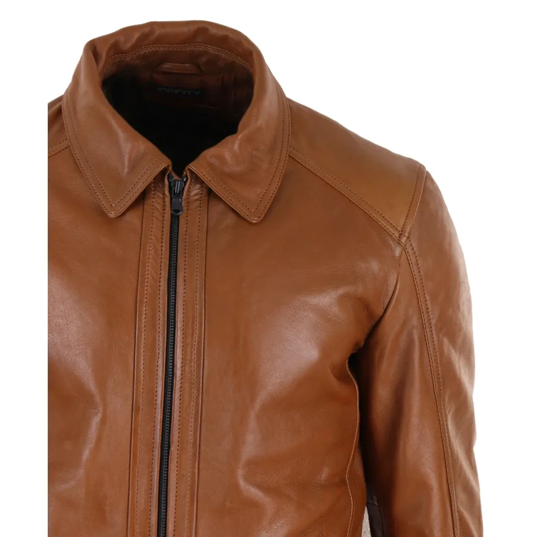 Men's Leather Jacket Black Tan Zipped Classic Soft Napa