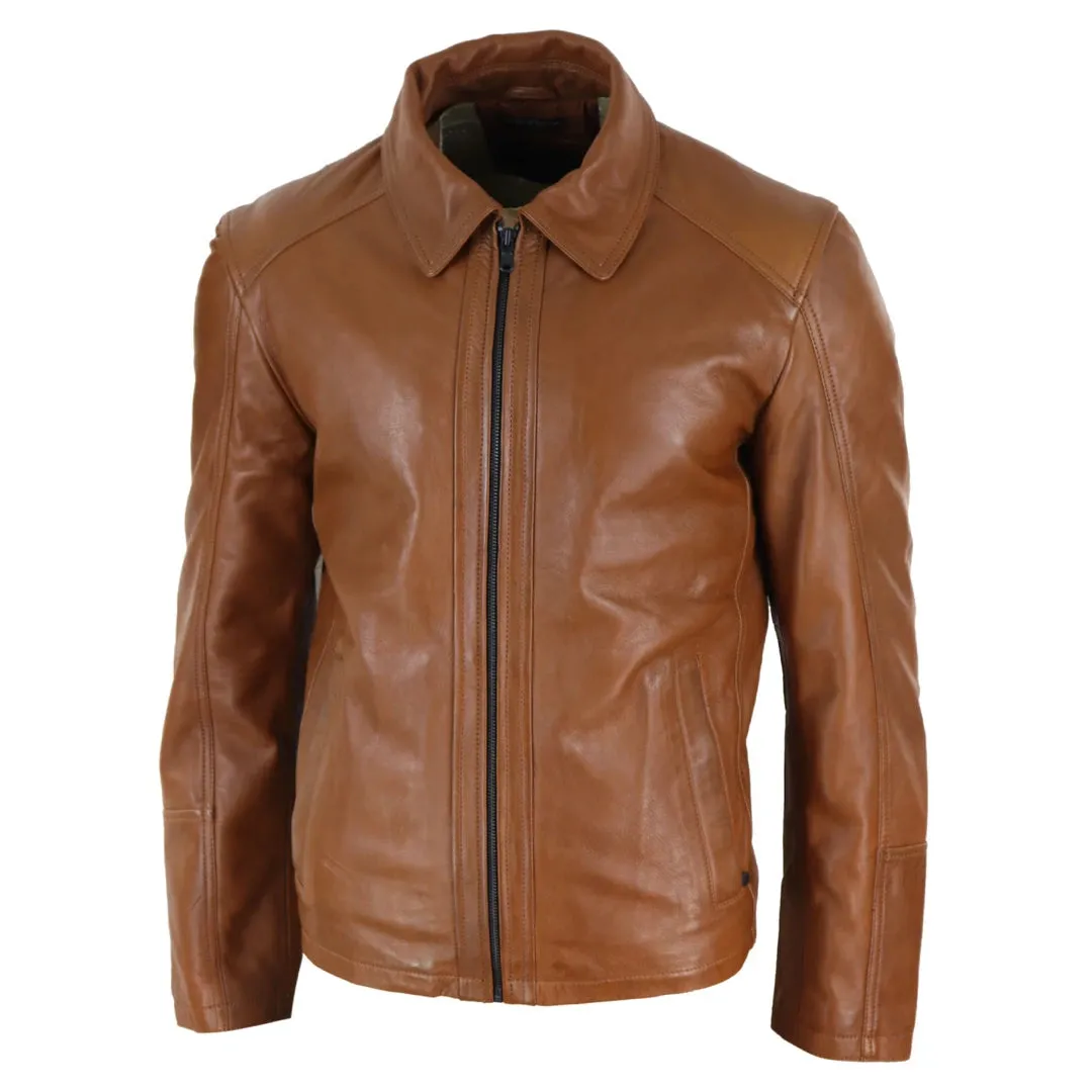 Men's Leather Jacket Black Tan Zipped Classic Soft Napa