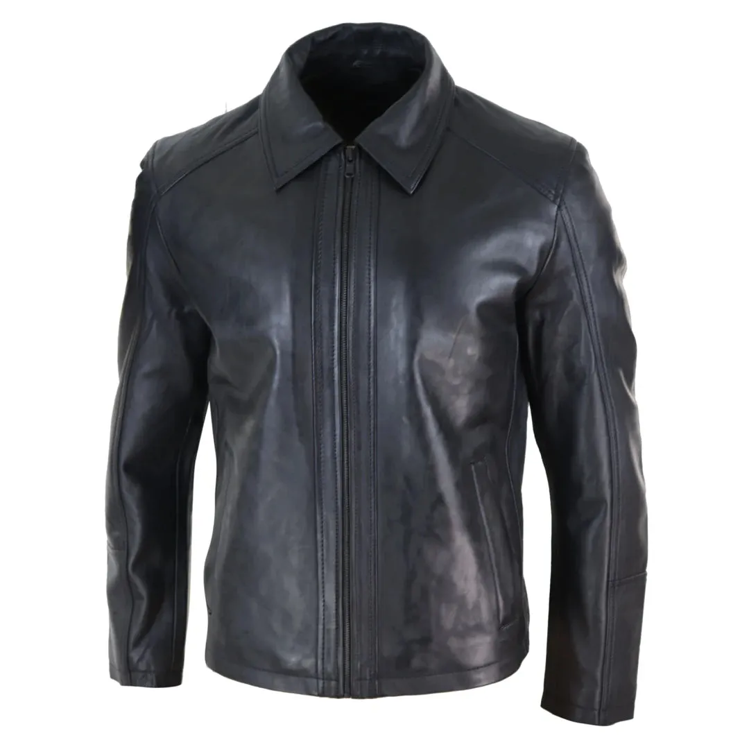 Men's Leather Jacket Black Tan Zipped Classic Soft Napa