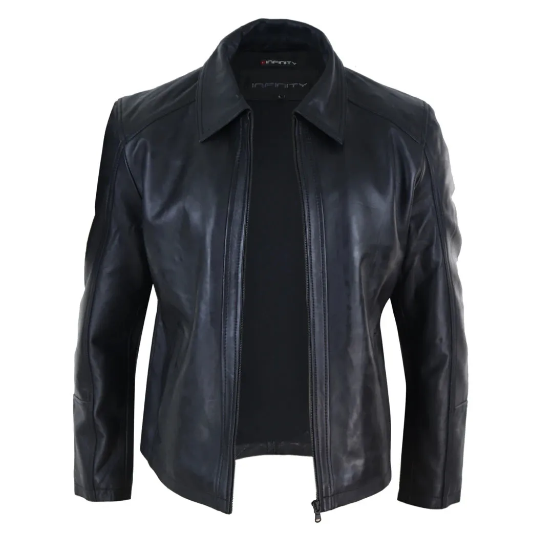 Men's Leather Jacket Black Tan Zipped Classic Soft Napa
