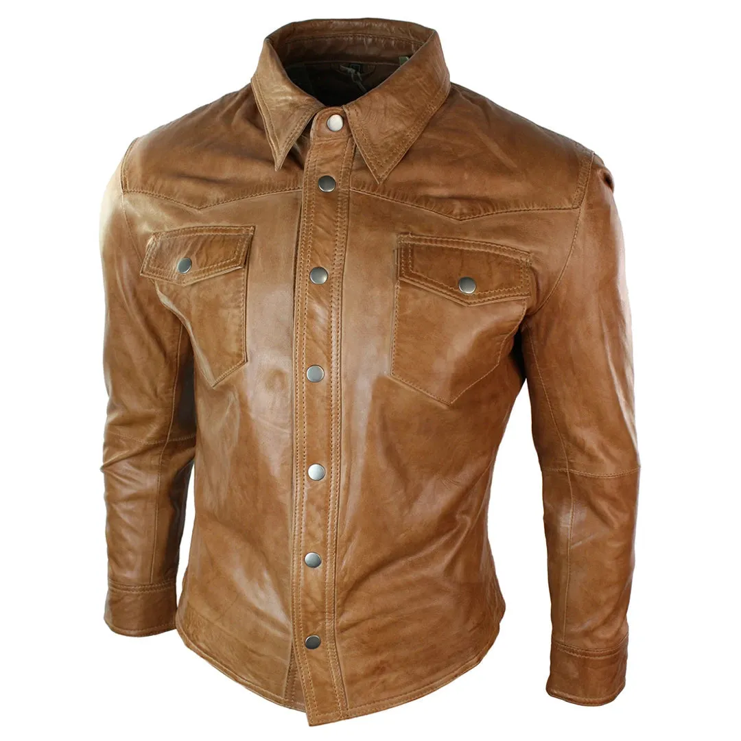 Men's Leather Shirt Jacket Tan Brown Black