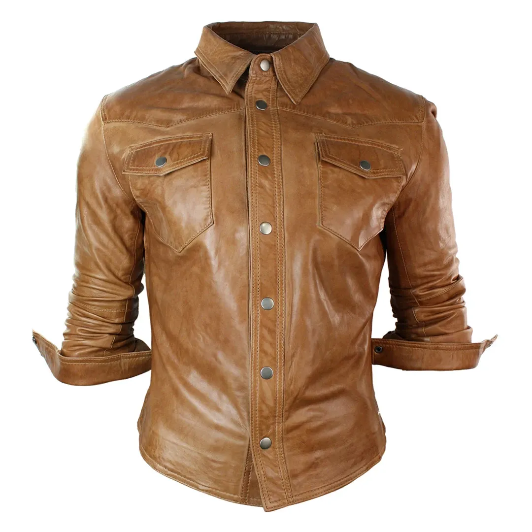 Men's Leather Shirt Jacket Tan Brown Black