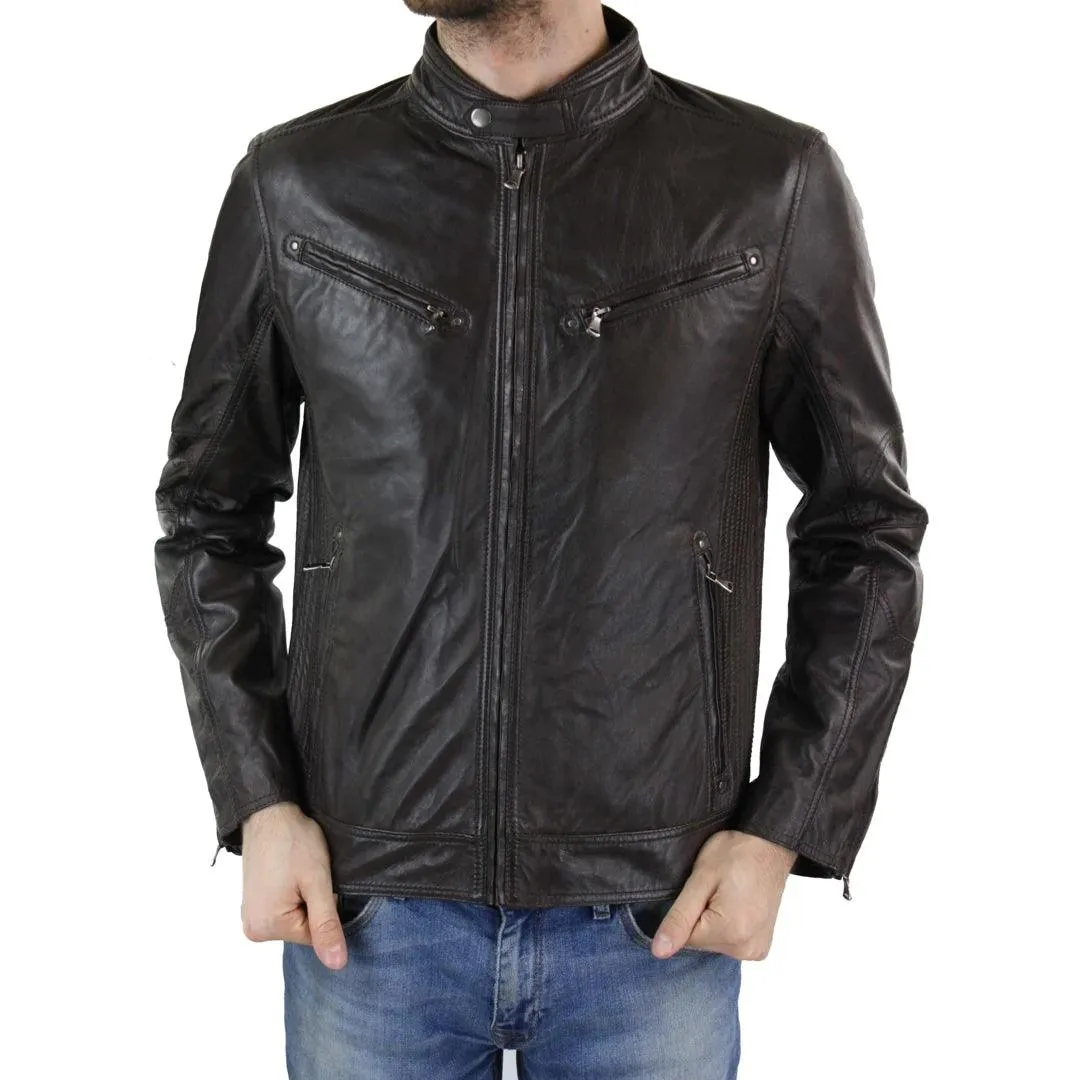 Mens Zipped Real Leather Biker Jacket Smart Casual Black Tan Brown Tailored Fit Vintage
