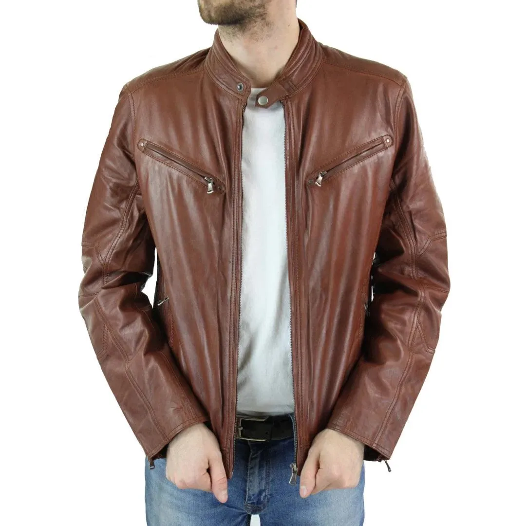 Mens Zipped Real Leather Biker Jacket Smart Casual Black Tan Brown Tailored Fit Vintage