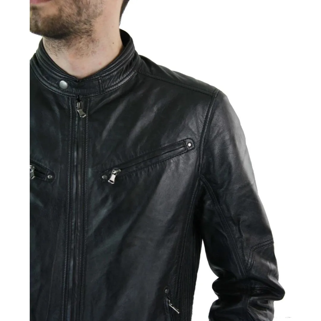 Mens Zipped Real Leather Biker Jacket Smart Casual Black Tan Brown Tailored Fit Vintage
