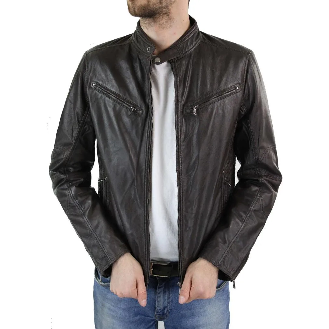 Mens Zipped Real Leather Biker Jacket Smart Casual Black Tan Brown Tailored Fit Vintage