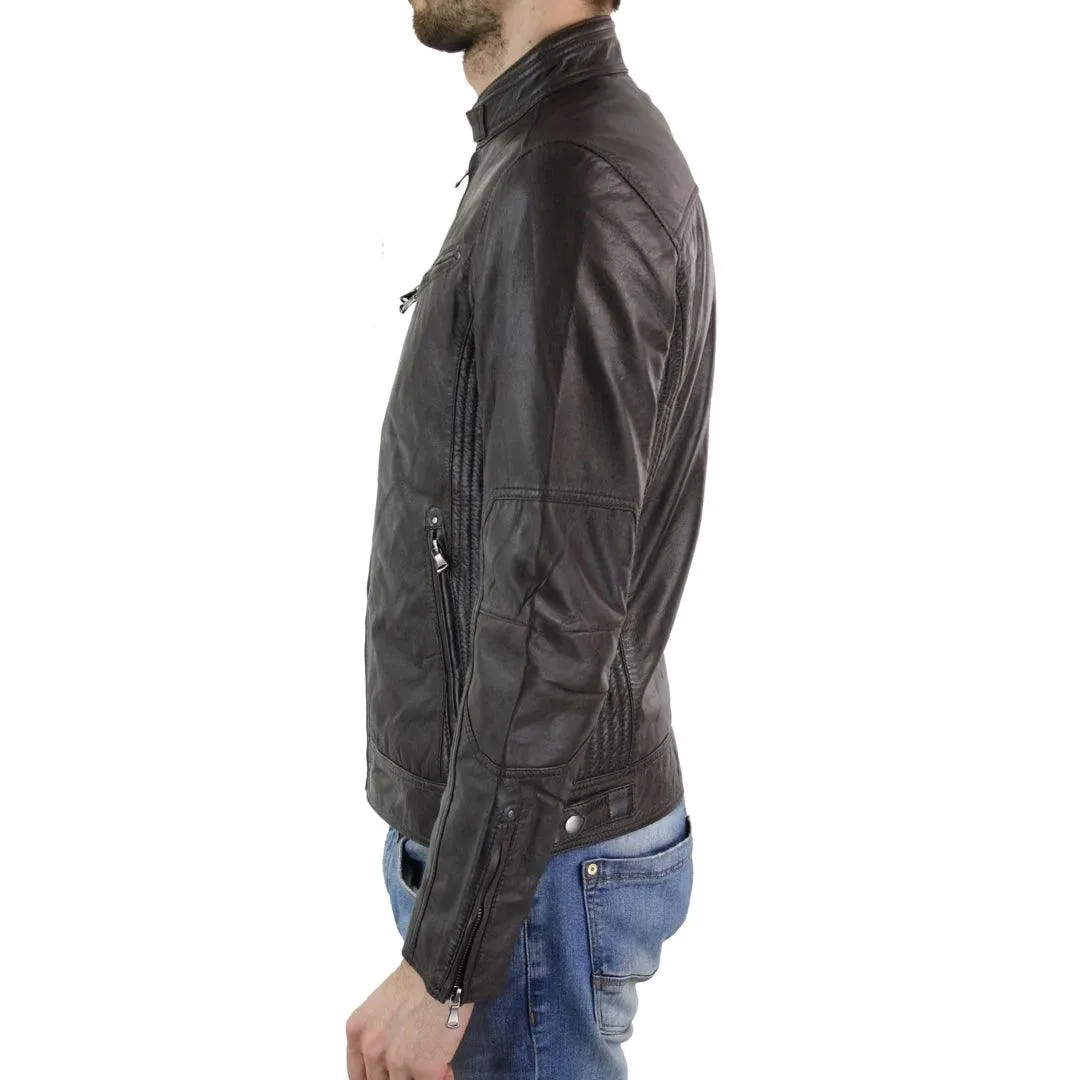 Mens Zipped Real Leather Biker Jacket Smart Casual Black Tan Brown Tailored Fit Vintage