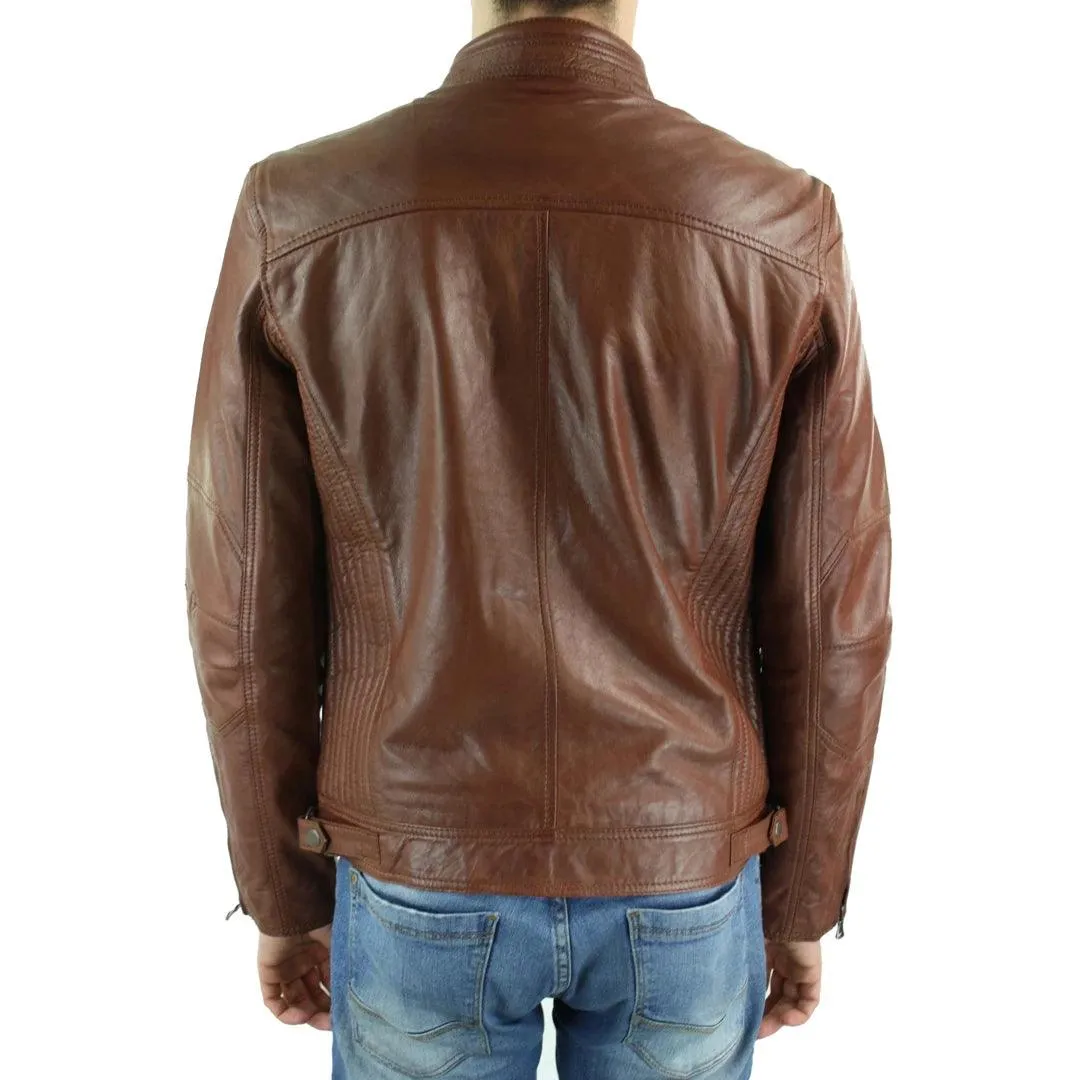 Mens Zipped Real Leather Biker Jacket Smart Casual Black Tan Brown Tailored Fit Vintage