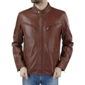 Mens Zipped Real Leather Biker Jacket Smart Casual Black Tan Brown Tailored Fit Vintage