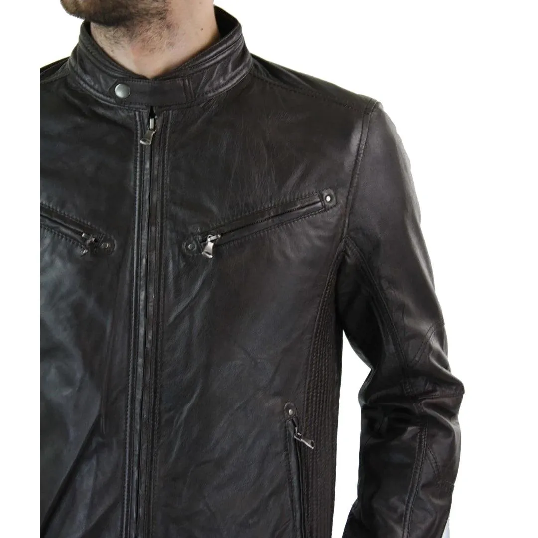 Mens Zipped Real Leather Biker Jacket Smart Casual Black Tan Brown Tailored Fit Vintage