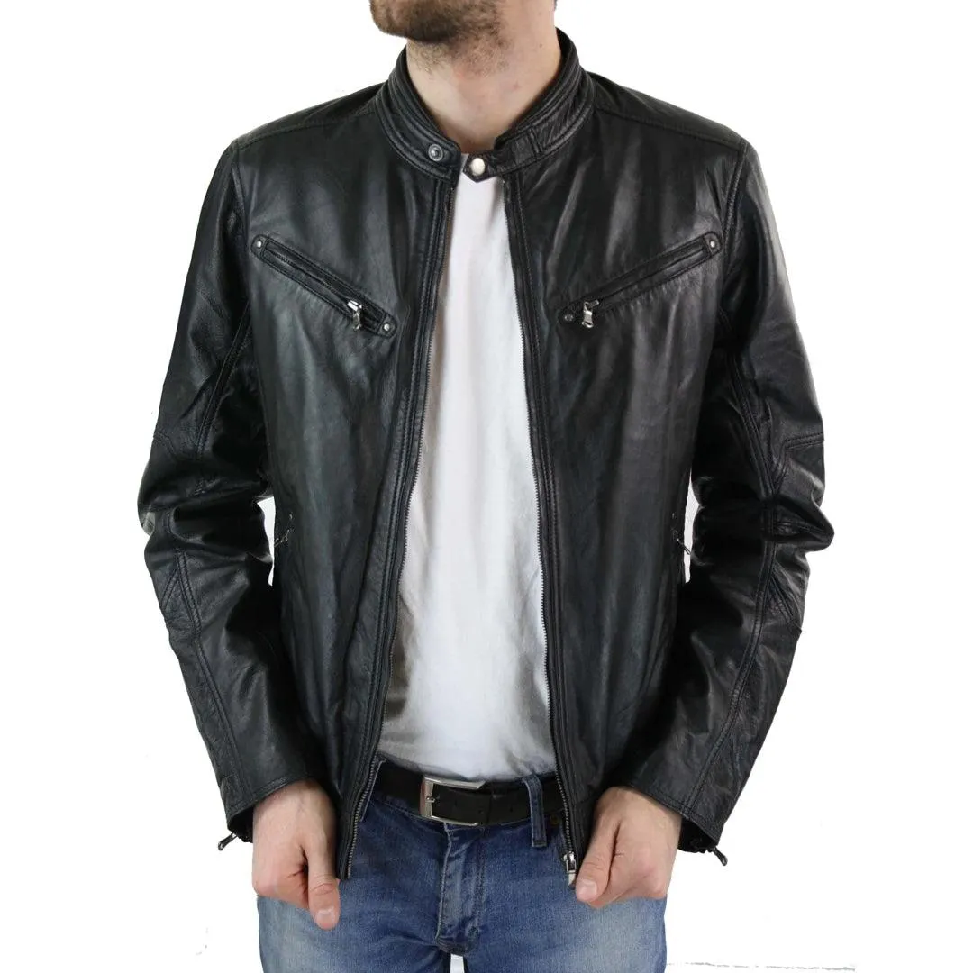 Mens Zipped Real Leather Biker Jacket Smart Casual Black Tan Brown Tailored Fit Vintage