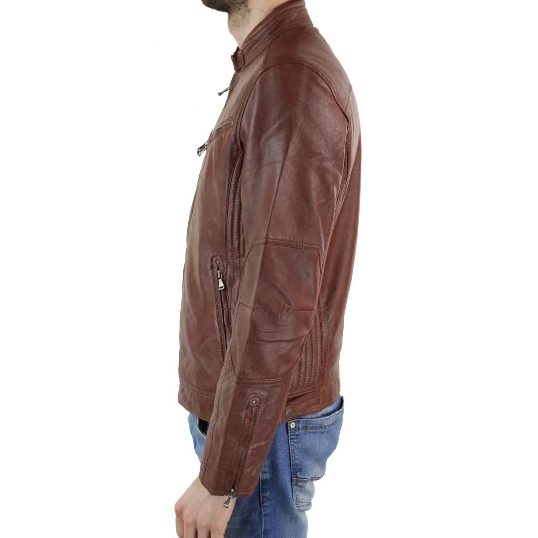 Mens Zipped Real Leather Biker Jacket Smart Casual Black Tan Brown Tailored Fit Vintage
