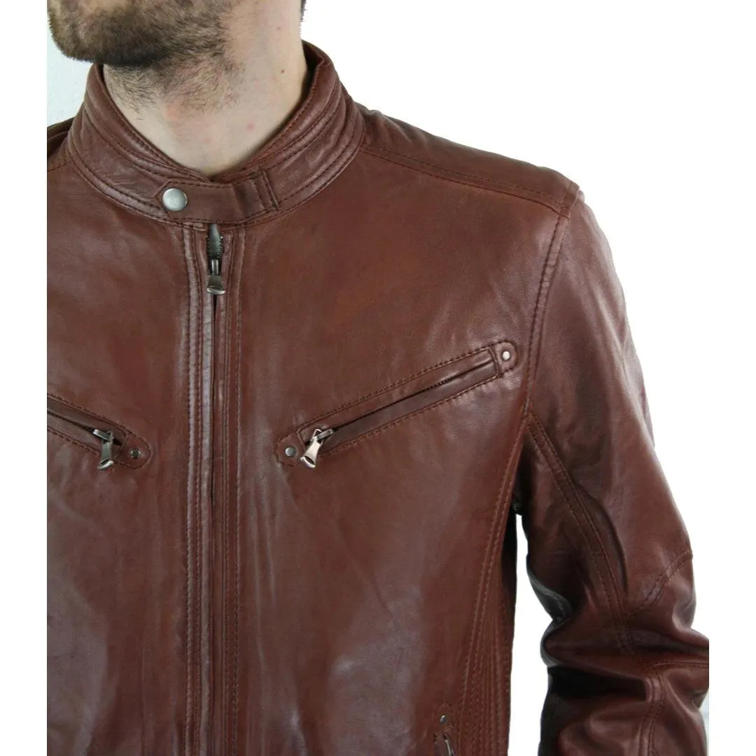Mens Zipped Real Leather Biker Jacket Smart Casual Black Tan Brown Tailored Fit Vintage