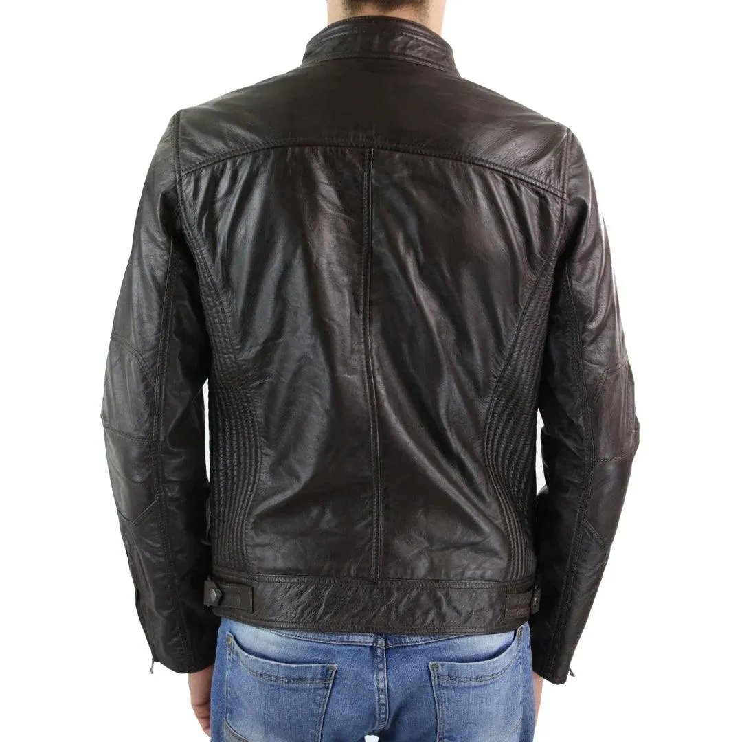 Mens Zipped Real Leather Biker Jacket Smart Casual Black Tan Brown Tailored Fit Vintage