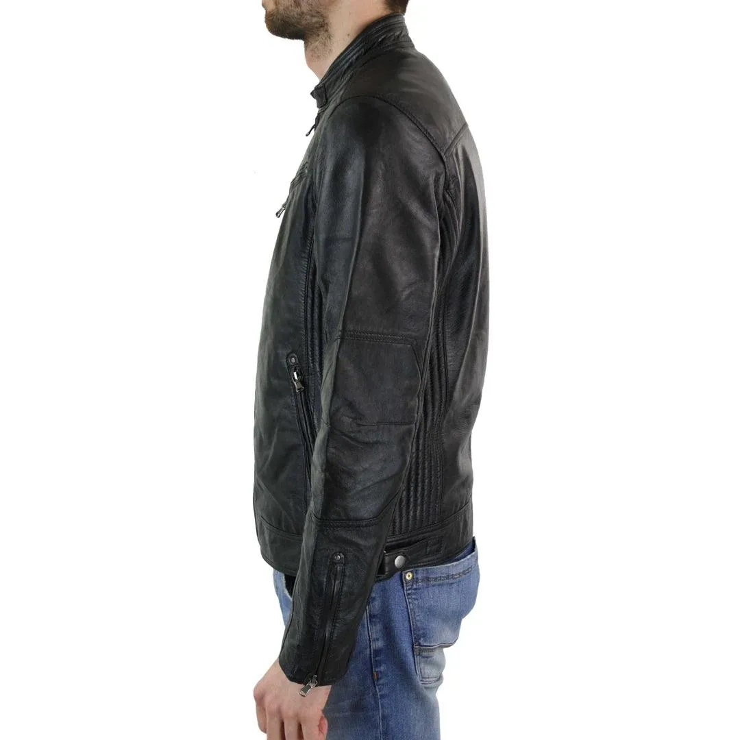 Mens Zipped Real Leather Biker Jacket Smart Casual Black Tan Brown Tailored Fit Vintage