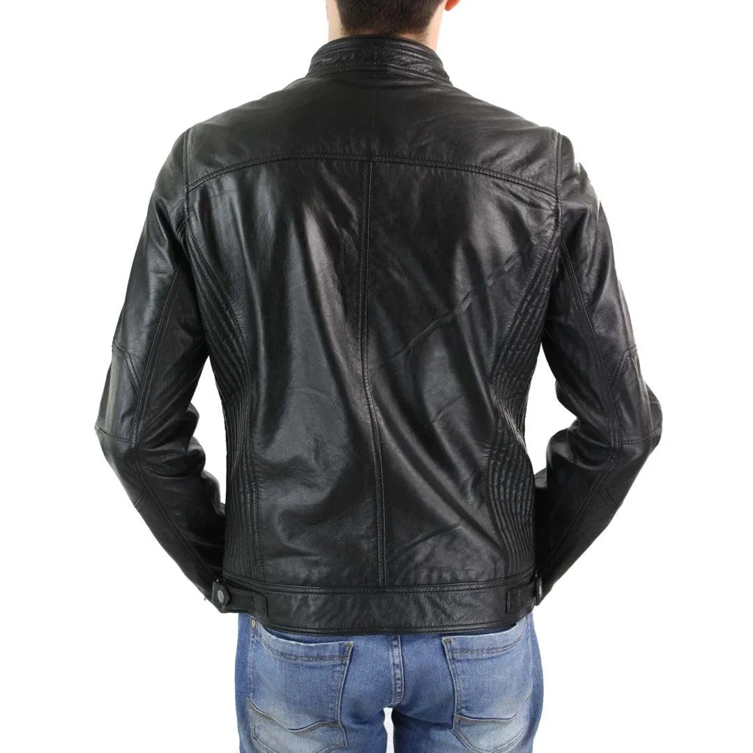 Mens Zipped Real Leather Biker Jacket Smart Casual Black Tan Brown Tailored Fit Vintage