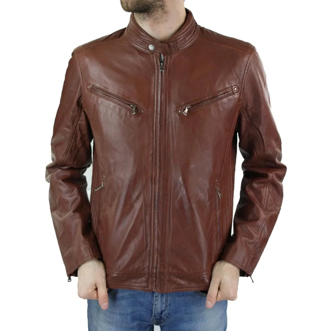 Mens Zipped Real Leather Biker Jacket Smart Casual Black Tan Brown Tailored Fit Vintage