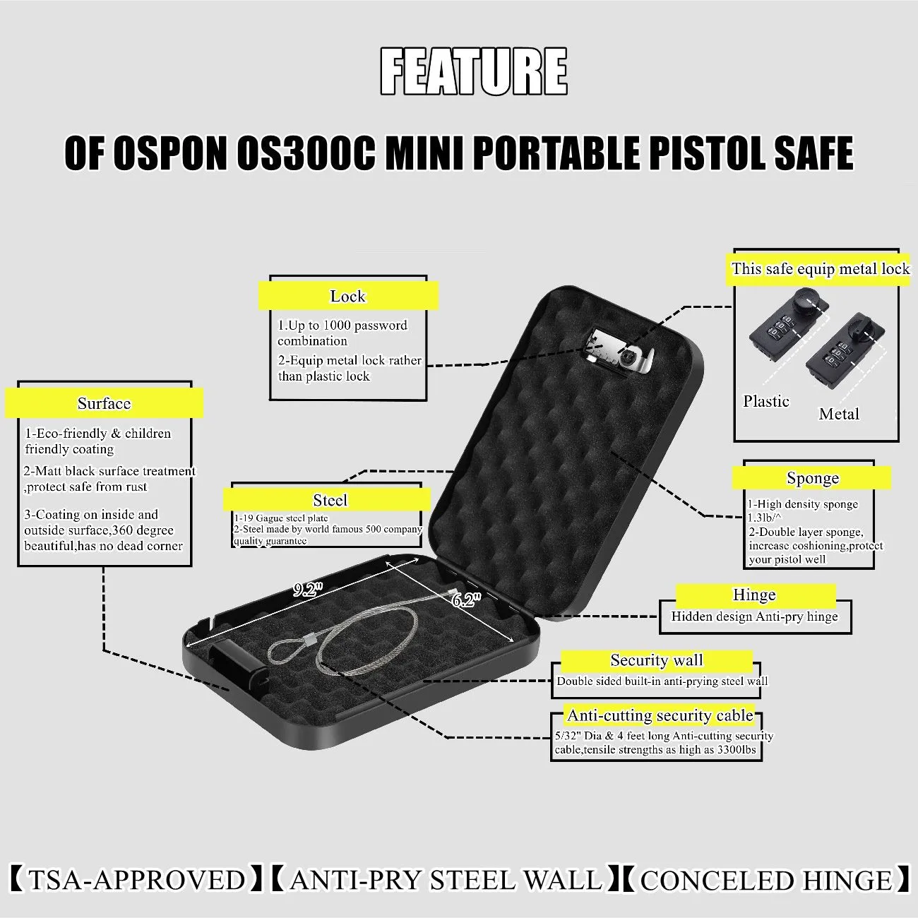 Metal Combination Lock Box,Solid Steel Gun Safe with 3 Digits Combination Lock,Portable Pistol Safe with Security Steel Cable,Handgun Safe Storage