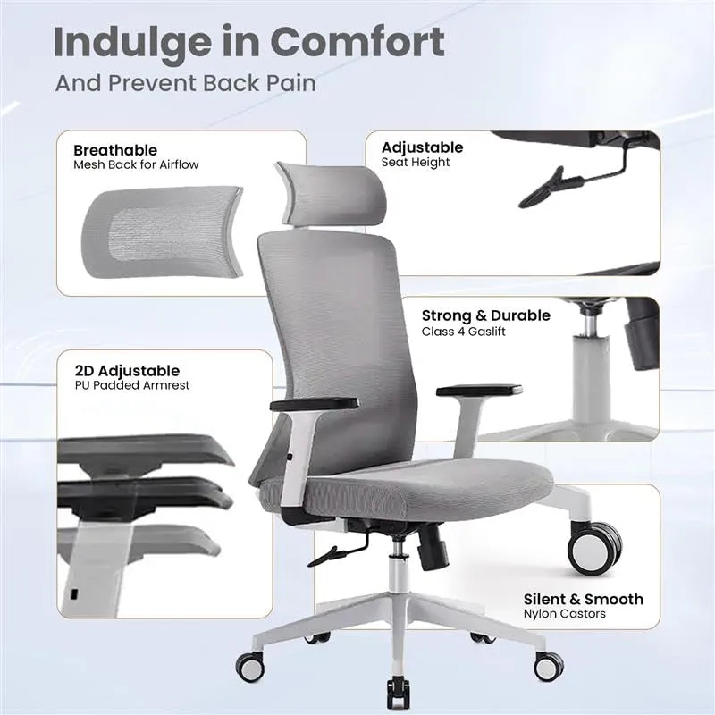 SAVYA HOME Meridian Office Chair, High Back Mesh Ergonomic Chair for Study Table Chair with 2D Adjustable Armrests, Height Adjustable seat, 135° Recliner Chair (Grey)
