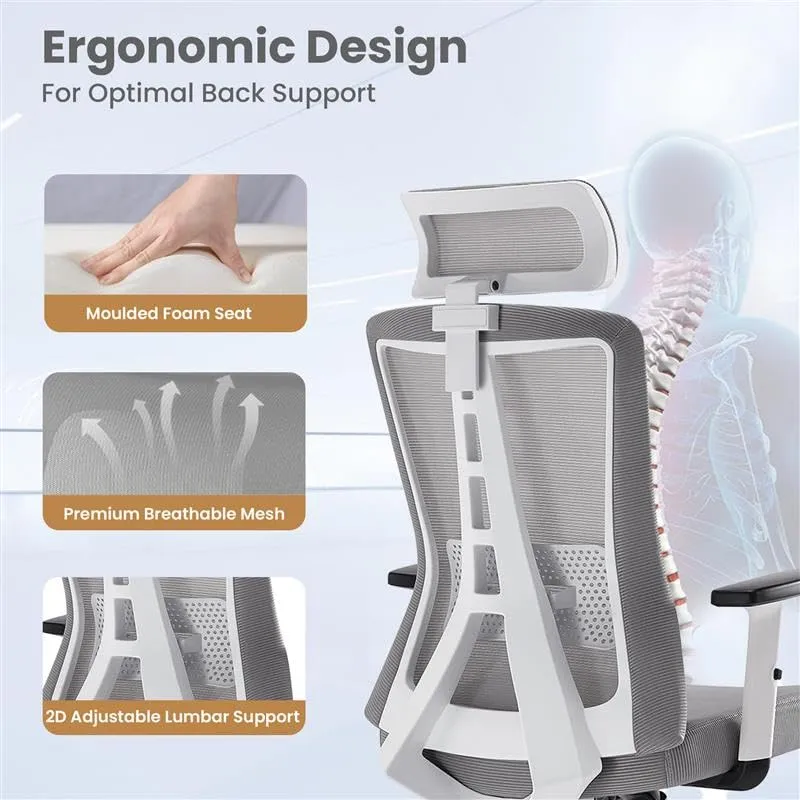 SAVYA HOME Meridian Office Chair, High Back Mesh Ergonomic Chair for Study Table Chair with 2D Adjustable Armrests, Height Adjustable seat, 135° Recliner Chair (Grey)