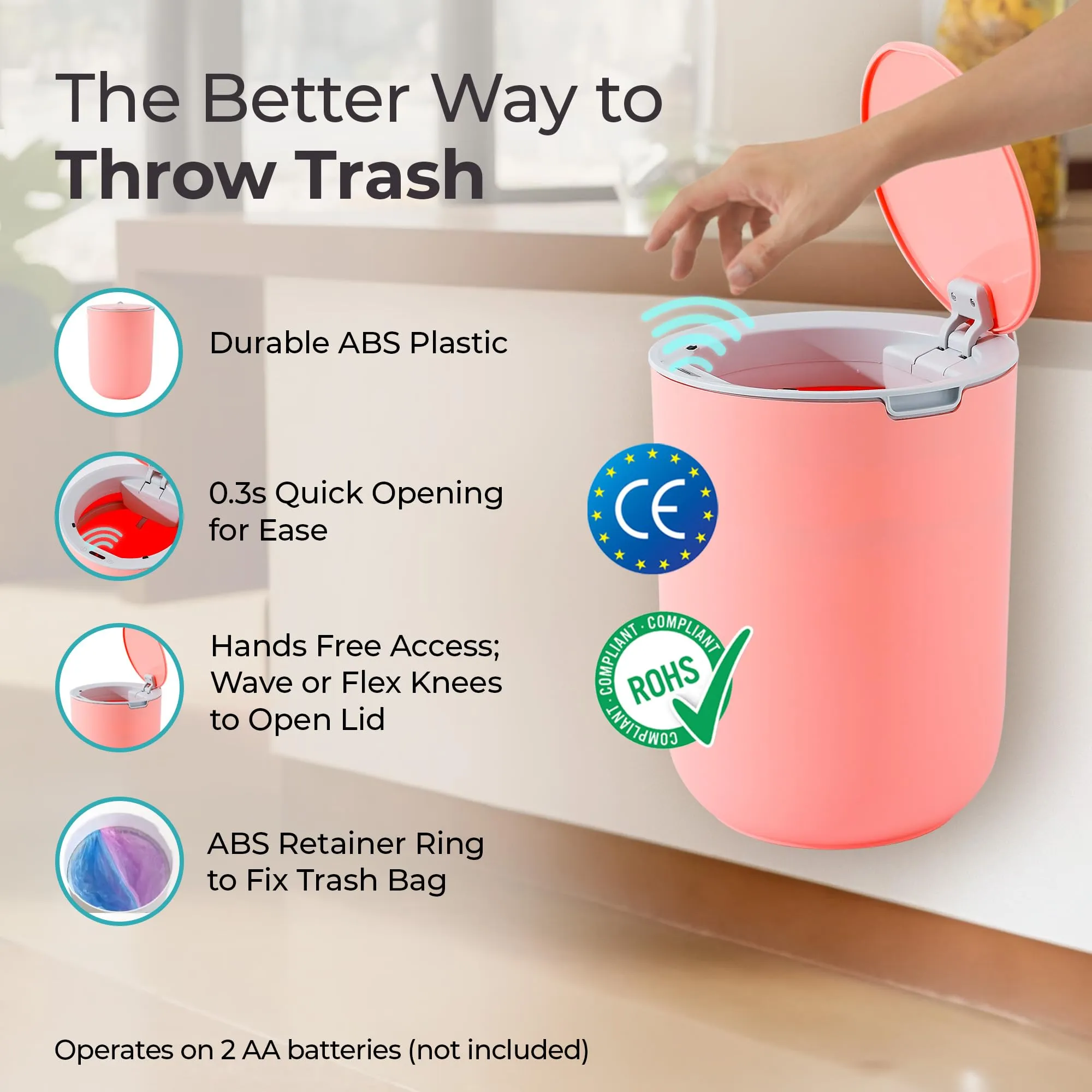 The Better Home 8L Automatic Dustbin With Lid | (28cm) Plastic Dustbin For Kitchen | Dustbin For Bathroom | Small Dustbin For Bedroom | Smart Sensor & Waterproof | Pink