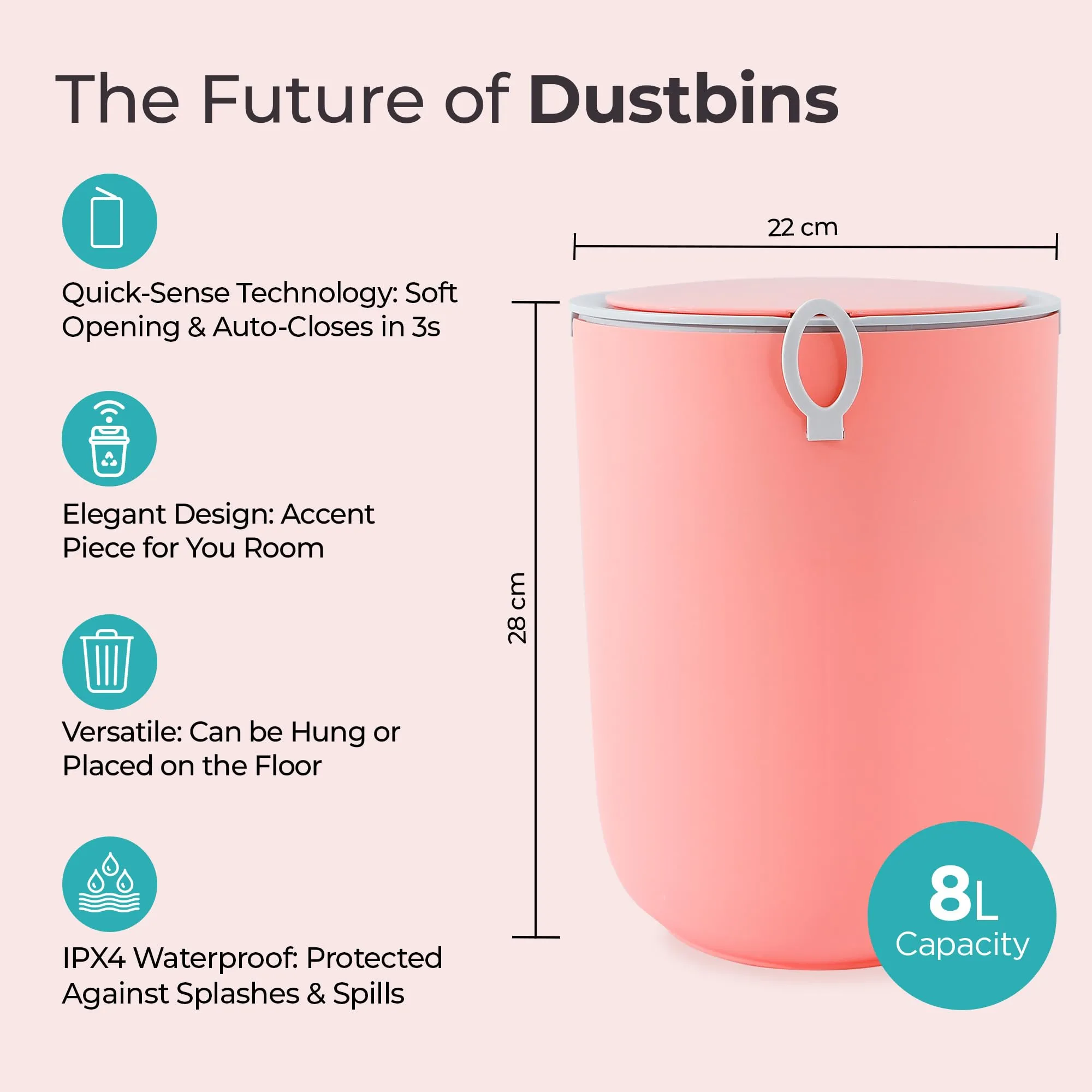The Better Home 8L Automatic Dustbin With Lid | (28cm) Plastic Dustbin For Kitchen | Dustbin For Bathroom | Small Dustbin For Bedroom | Smart Sensor & Waterproof | Pink