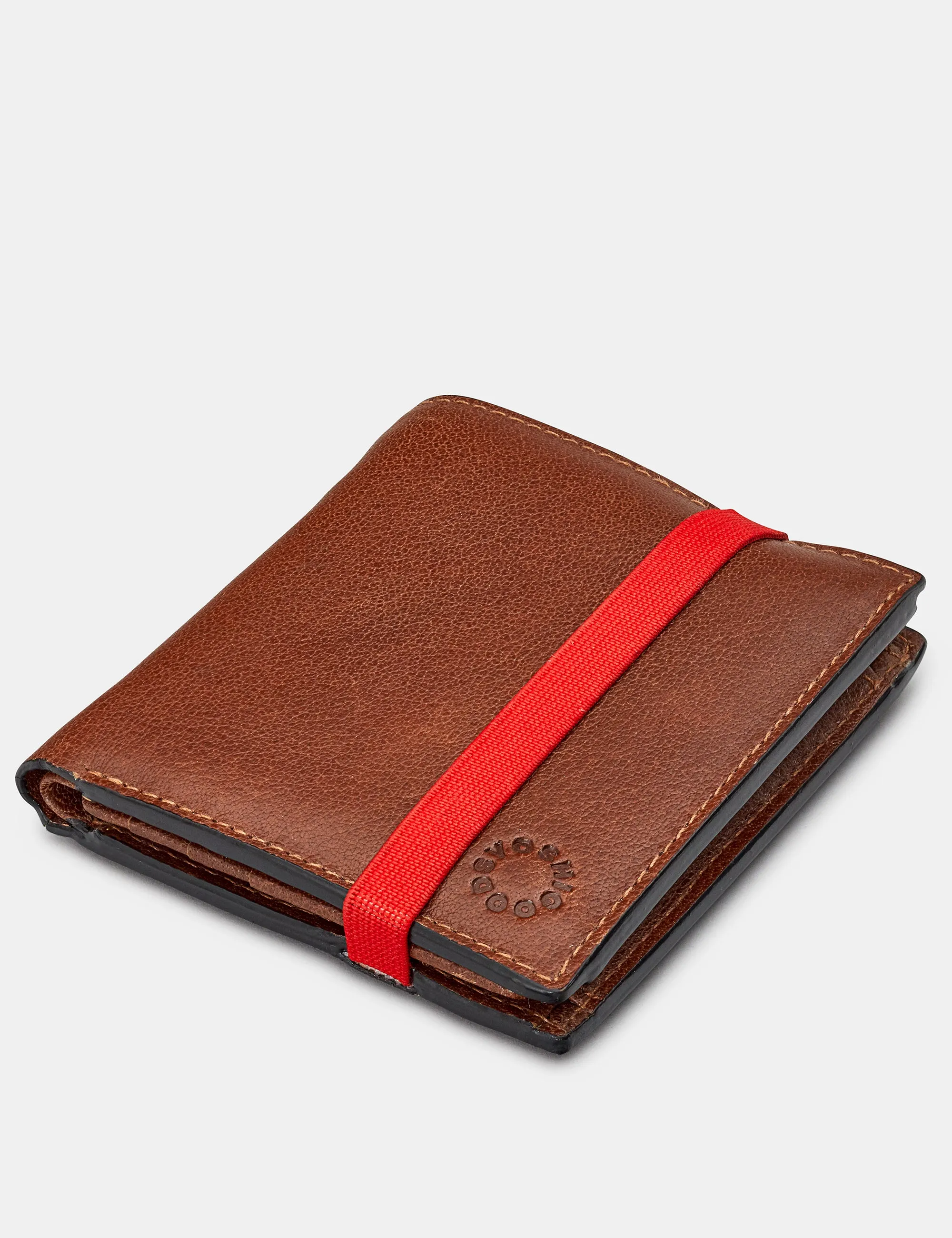 Two Fold Brown Leather Coin Pocket Wallet With Elastic
