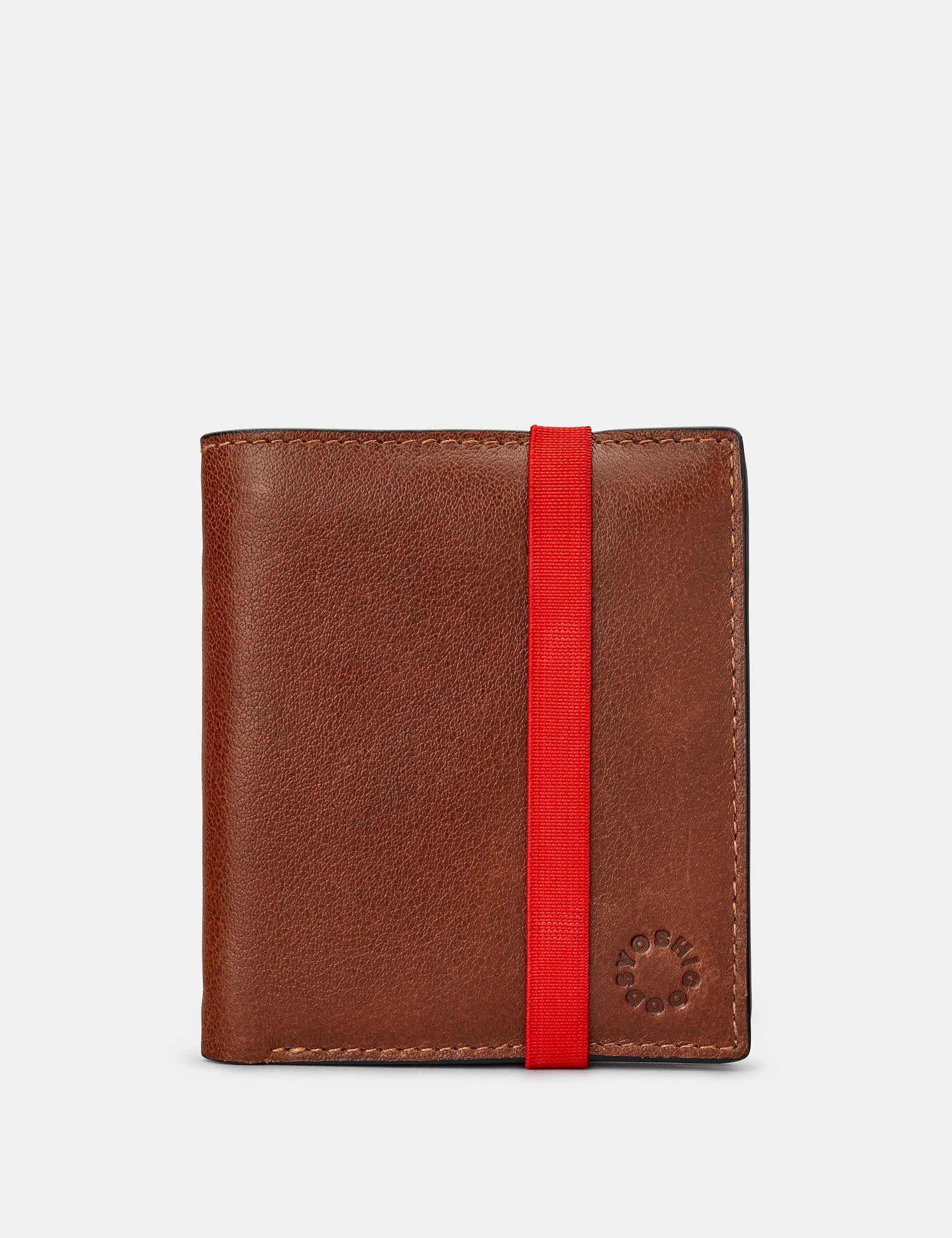 Two Fold Brown Leather Coin Pocket Wallet With Elastic
