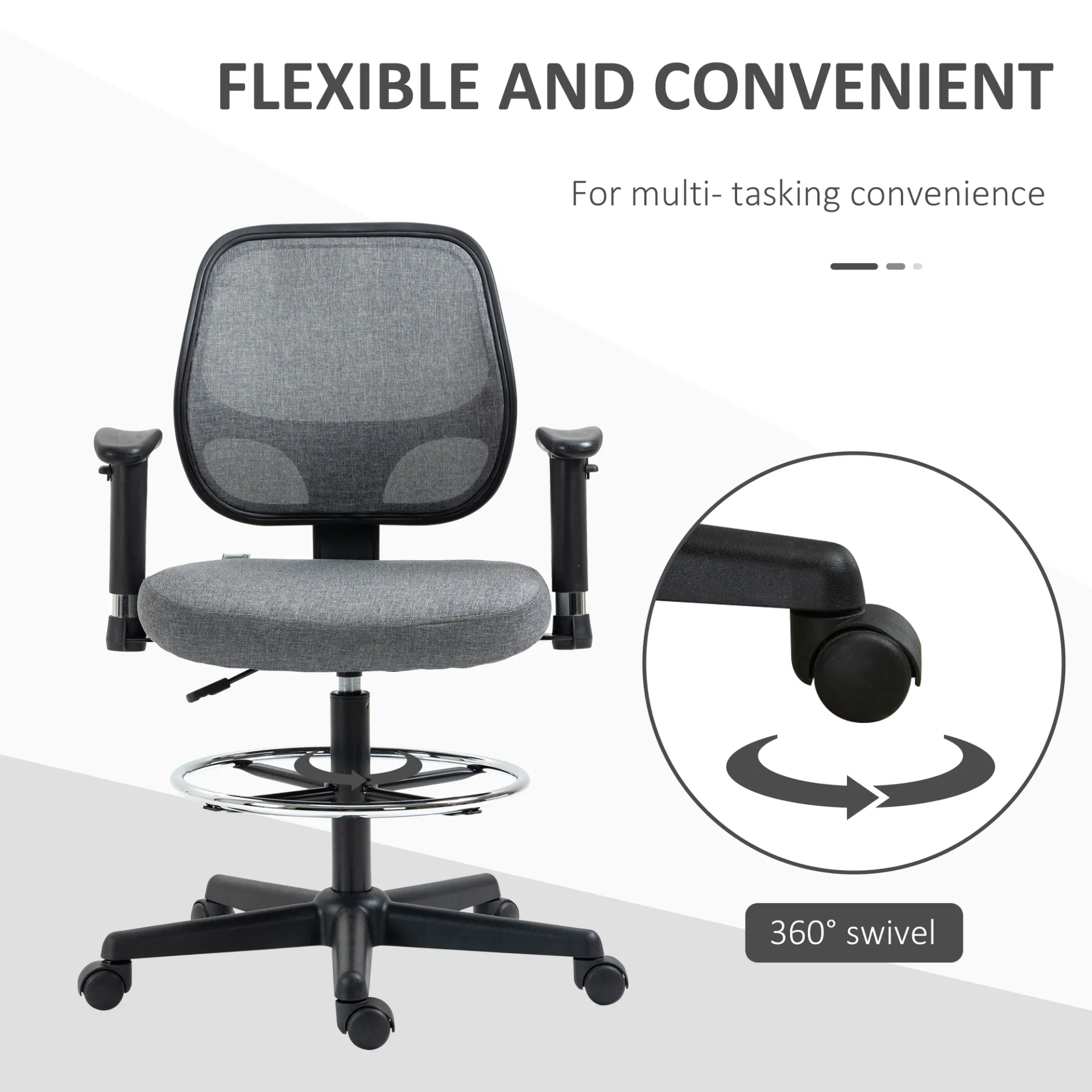 Vinsetto Adjustable Drafting Chair with Footrest Ring, Armrests & Swivel Wheels - Grey
