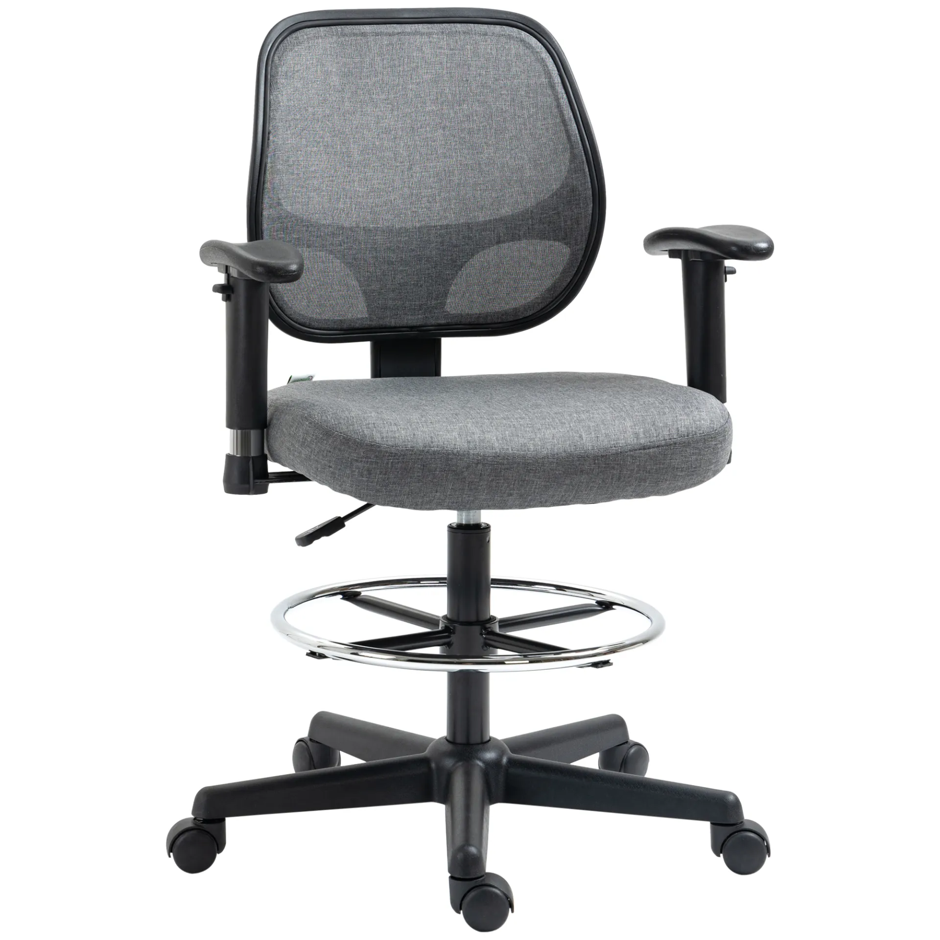 Vinsetto Adjustable Drafting Chair with Footrest Ring, Armrests & Swivel Wheels - Grey