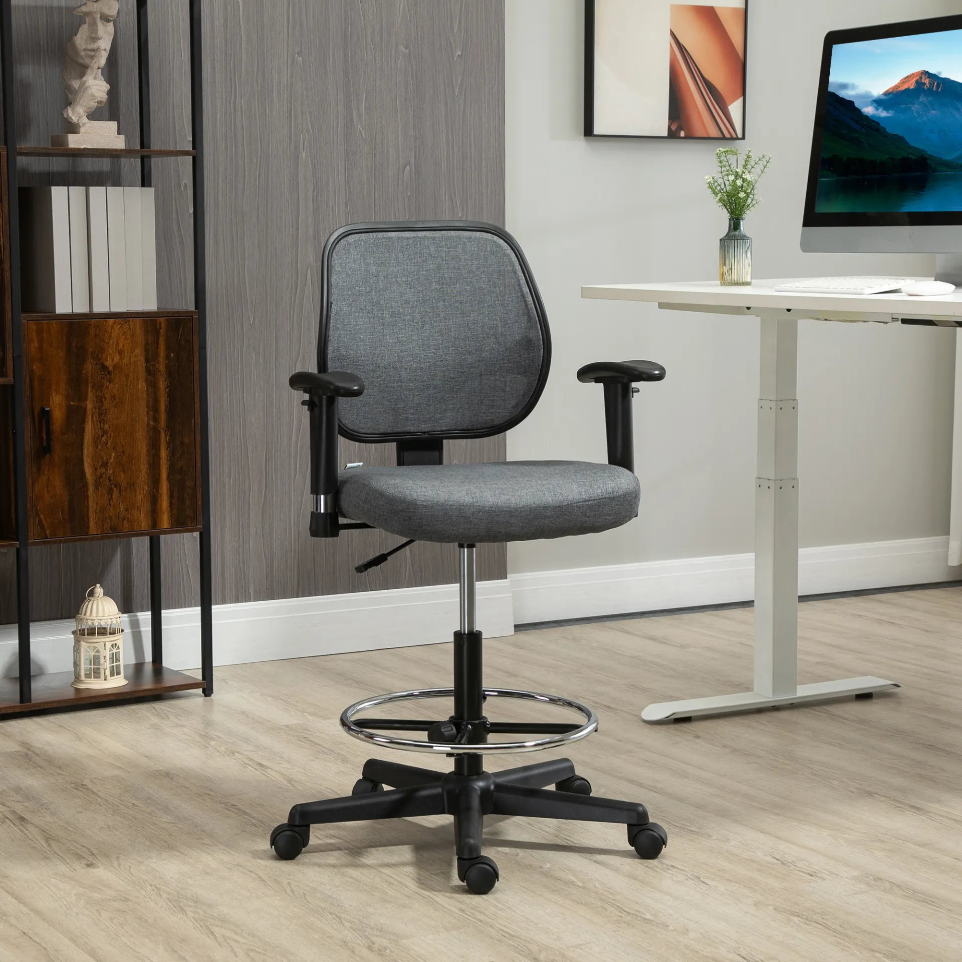 Vinsetto Adjustable Drafting Chair with Footrest Ring, Armrests & Swivel Wheels - Grey