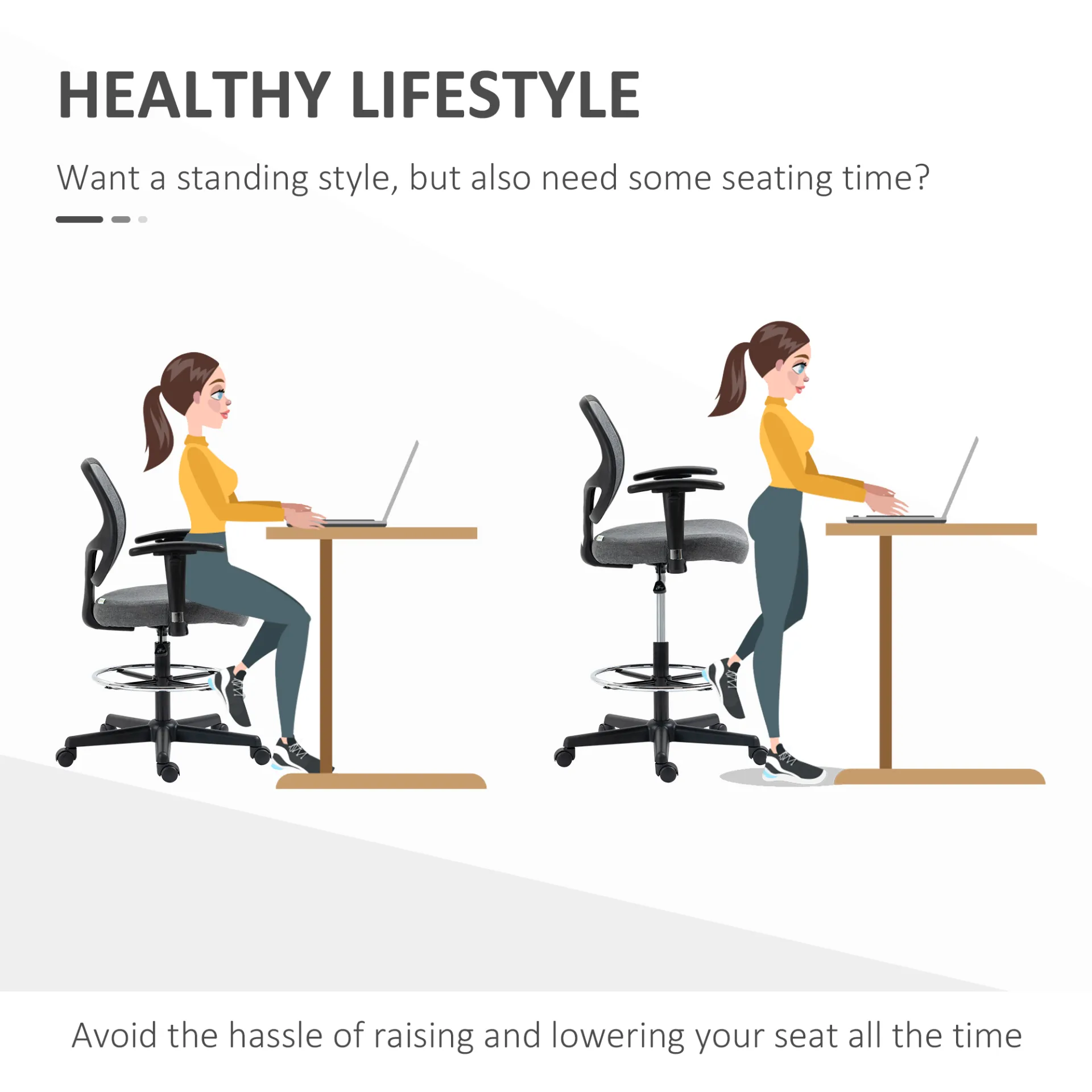 Vinsetto Adjustable Drafting Chair with Footrest Ring, Armrests & Swivel Wheels - Grey