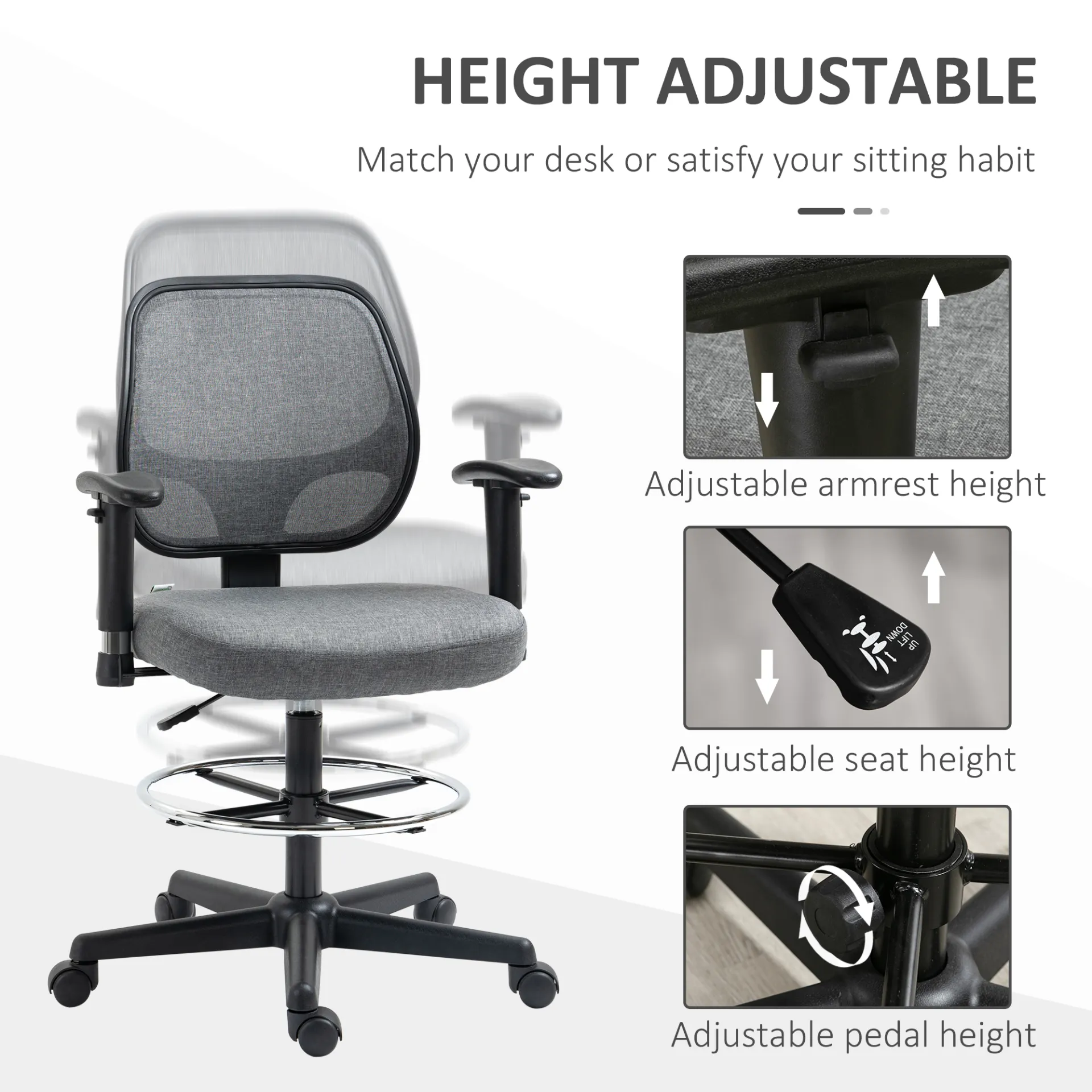 Vinsetto Adjustable Drafting Chair with Footrest Ring, Armrests & Swivel Wheels - Grey